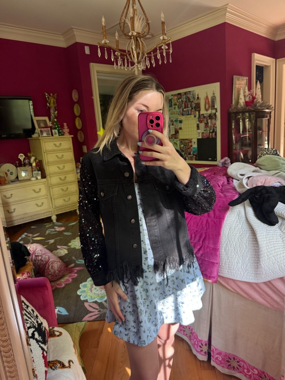 Fabrik Black Sequin-Sleeve Distressed Hem Jean Jacket